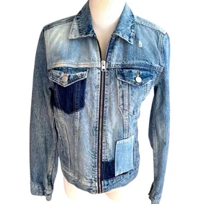 Lucky Brand Patchwork Tommy Trucker Denim Jacket Jean Jacket Zip Front Blue S thumbnail 4