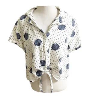 Modcloth Cropped Blouse Womens XL White Floral Dot Linen Blend Tie Front Beachy thumbnail 1