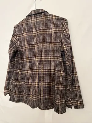 Anne Klein Women Plaid Single Button Knit Blazer Faux Leather Trim Size M(A899) thumbnail 9