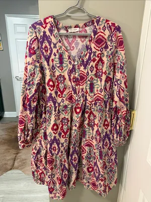 Beach Lunch Lounge Boho Ikat Tiered Mini Dress Pink Purple XS thumbnail 3