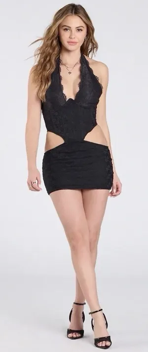 Windsor Gothic Lace Halter Mini Dress Women’s Black Cutout Whimsigoth Size M thumbnail 1