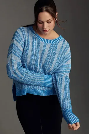 Pilcro Anthropologie Blue Striped‎ Knit Sweater Pullover Casual Lightweight Cropped Top thumbnail 1