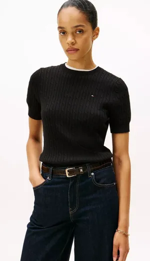 NWT Tommy Hilfiger short-sleeve cable knit sweater crew neck top black women's thumbnail 1