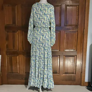 Skemo Blue‎ Yellow Long Dress Beaded Ruffle Hem Small Maxi Tiered Boho Abstract thumbnail 3
