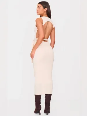 PrettyLittleThing Ribbed Open Back Waist Tie Midi Dress, Cream, Size 2, EUC thumbnail 2