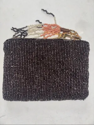 Source Unknown BROWN AND PINK BEADED MINI BAG OR COIN PURSE 5” X 4” HAS BEADED TASSEL ZIP PULL thumbnail 5