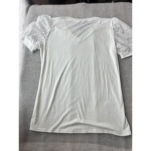 V Neck Short‎ Sleeve Puff Sleeve White Blouse Womans L Casual Loose Shirts thumbnail 7
