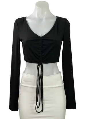 Princess Polly Womens Black Ribbed Knit V Neck Long Sleeve Ruched Tie Crop Top 6 thumbnail 1