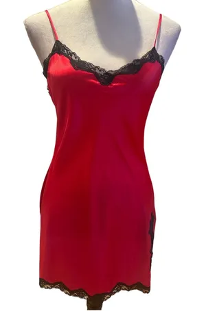 Victoria's Secret Satin Red Slip Dress With Black Lace Trim Side Slit S thumbnail 1