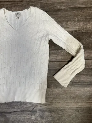 St. John’s Bay Cable Knit V-Neck Sweater White Cream Cotton Blend Size L thumbnail 4