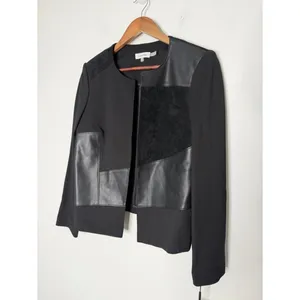 Calvin Klein Faux Leather Panel Open Front Blazer Textured Black‎ Size 8 thumbnail 2