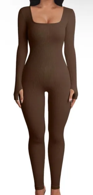 OQQ long sleeve ribbed jumpsuit Brown thumbnail 1