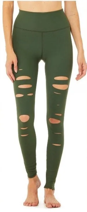 NWT $144 m new sold out ALO high waist ripped warrior legging hunter dark green thumbnail 1