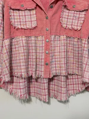 POL Pink Tweed Shirt Jacket Size Medium Shacket Patchwork Boho thumbnail 6