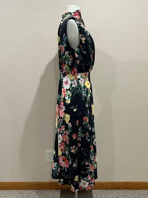 Maurices Black Floral Funnel Neck Satin Midi Dress Size Medium thumbnail 10