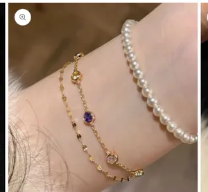 Rainbow Color Stone Double Chain Bracelet in Solid Copper Gold thumbnail 2