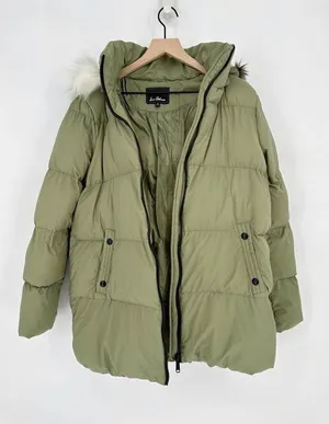 Sam Edelman Water Repellent Faux Fur Trim Puffer Jacket Quilted Green Women's M thumbnail 6