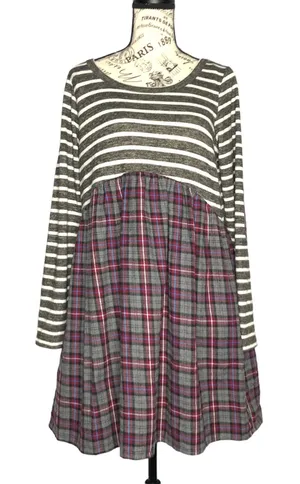 Andrée by Unit (M) Striped Plaid Pocket Elbow Patch Pocketed Swing Dress thumbnail 1