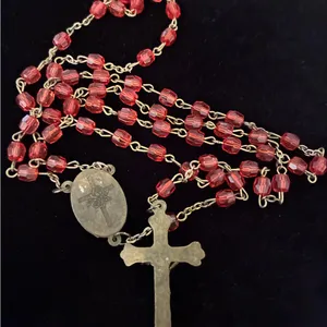 St. Theresa Pray For Us Religious Rosary-Vintage-Red Lucite Beads thumbnail 2