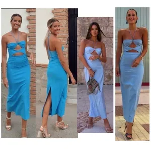 Zara Blogger Favorite Blue Cut-out Halter Top Bodycon Midi Dress Sz L thumbnail 3