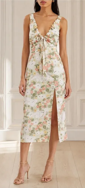 Abercrombie & Fitch Size XS Cinched Neck Slip Midi Dress Green Floral Satin Slit thumbnail 1