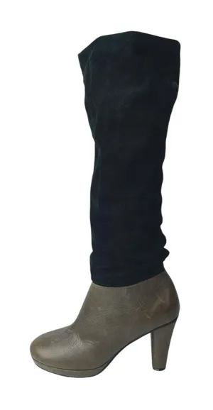 Joy Chen Women's Black Brown Suede Leather Round Toe Heeled Tall Boots Size 7 thumbnail 1