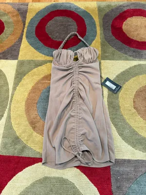 NWT PrettyLittleThing Taupe Ruched Front Halterneck Bodycon Dress Size US 8 thumbnail 3