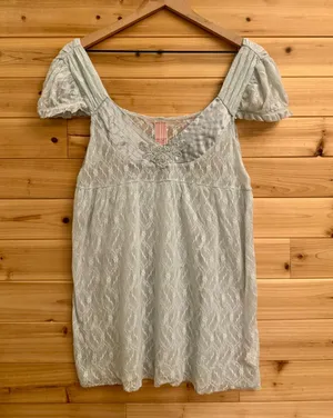 Y2K Free People Medium Baby Blue Babydoll Cap Sleeve Nylon Lace Blouse Coquette thumbnail 1