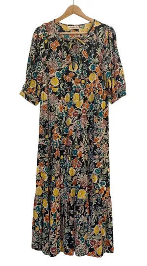 Natural Life Sage Midi Dress XS/S Boho Tiered Floral Keyhole Peasant Cottagecore thumbnail 1