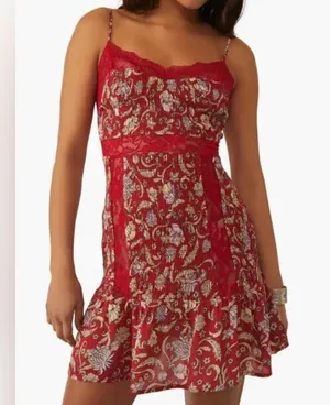 Free People NWT intimately cherry combo lace trim slip nightie mini Dress M thumbnail 1
