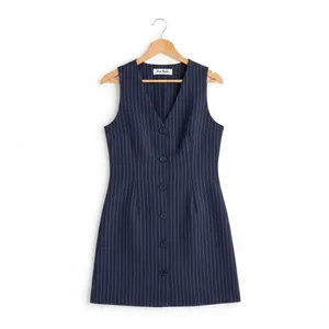 Steve Madden Womens Dress Size L Navy Pinstripe Sleeveless Button Front Career thumbnail 7
