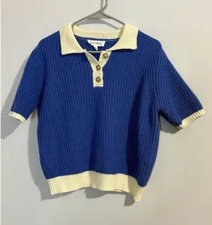 Hey Day Blue Knit Women's Short Sleeve Oversize‎ Cropped Short Sleeve Shirt Sz S thumbnail 1
