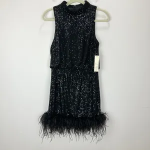 Eliza J Sequined Feather Hem Mini Dress Party Glam Mockneck Cocktail US 8 NWT thumbnail 5