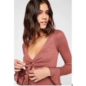 Free People‎ Tie Front Top Rose Gold Large Boho Festival Shimmer Bell Sleeve thumbnail 6