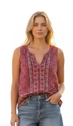 Lucky Brand Red Floral Print Boho Sleeveless Blouse Top thumbnail 1