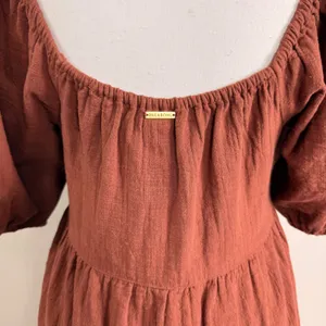 Billabong Fall For Ya Brown Cotton Gauze Tiered Puff Sleeve Mini Dress NWT Small thumbnail 6