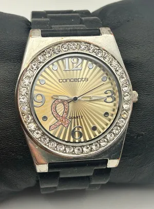 Concepts Breast Cancer Awareness Quartz Watch Crystal Bezel Black Silicon Band thumbnail 1