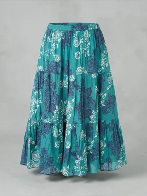 KRAZY KAT 100% Cotton Tiered Floral Maxi Skirt, Large, Teal Boho Cottagecore thumbnail 1