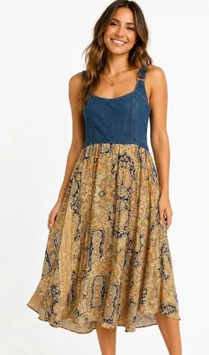 Free People $168 This Is The One Sundress Denim Boho Paisley Print Midi Dress XS thumbnail 1