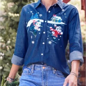 Disney Mickey and Minnie Christmas ice skating denim button down top never worn thumbnail 2