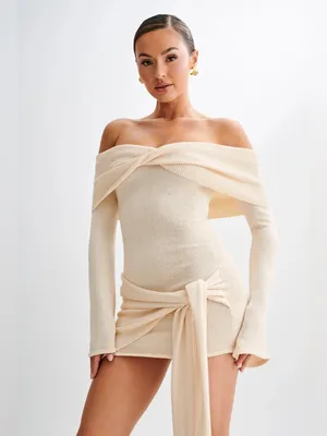 NWT‎ Meshki Camryn Off Shoulder Tie Knit Mini Dress Cream Marle Women’s Size L thumbnail 5