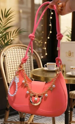 Pink Shoulder Bag Hobo Purse Pearl Charm Chain Strap Gold Tone Hardware thumbnail 1