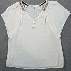 DR2 Women's Small White Swiss Dot Blouse Top V-Neck Embroidered Peasant Boho thumbnail 1