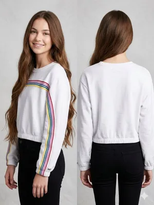 Abercrombie & Fitch Crop oversized Sweatshirt Womens XS White Rainbow Stripe thumbnail 11