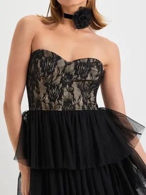 Lulus Sensational Darling Black Lace Tulle Tiered Strapless Maxi Dress thumbnail 3