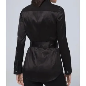 White House Black Market‎ Womens Black Satin Belted Utility Safari Jacket Zip Up thumbnail 2