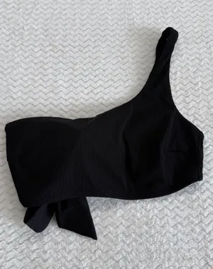Aerie Black Ribbed One Shoulder Bandeau Bikini Top XL Tie Back Asymmetrical thumbnail 1