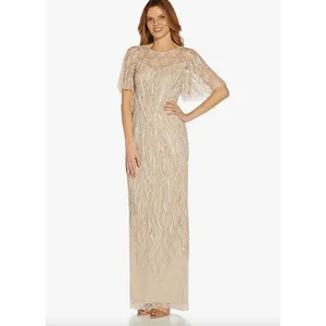 Adrianna Papell Beaded Flutter Sleeve Gown Long Biscotti Beige Formal US 4 NWT thumbnail 3