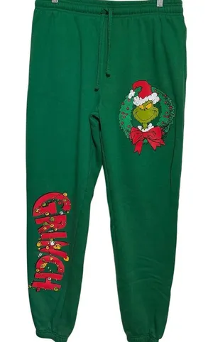 The Grinch Dr Seuss Mad Engine Green Red Christmas Sweatpants Size M thumbnail 1