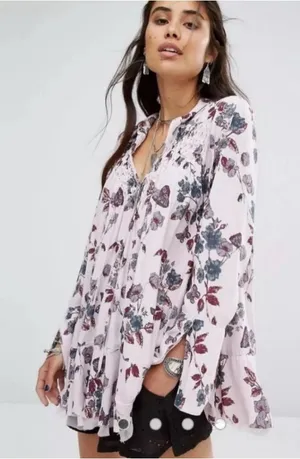 Free People XS Floral Boho Tunic Top thumbnail 1